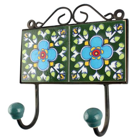 Turquoise Floral Ceramic Tile Hook